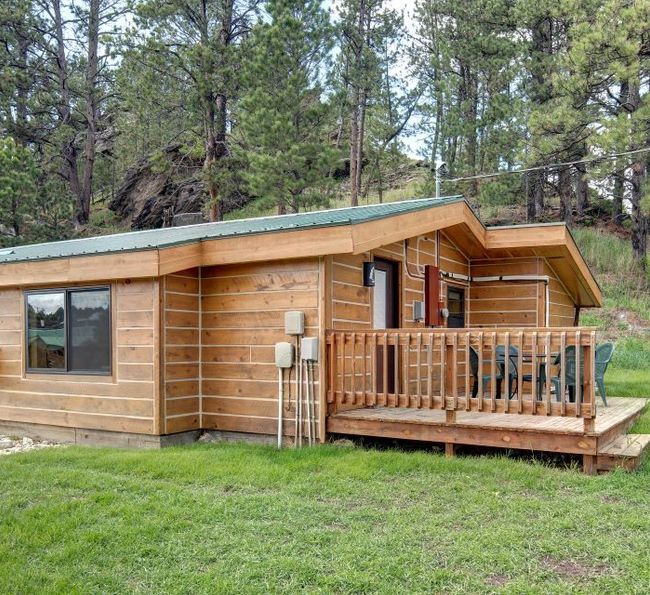 A small wooden cabin with a green roof sits among tall pine trees. The cabin has a porch with several chairs and a table, surrounded by green grass and a forested background.