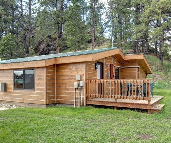 A small wooden cabin with a green roof sits in a grassy area surrounded by tall pine trees. The cabin has a small porch with chairs and a table, and utility boxes are mounted on the side.