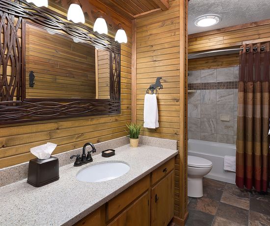 Rustic bathroom with wood-paneled walls, a large framed mirror, modern lighting, a white sink on a granite countertop, potted plant, tissue box, and a tub-shower with a striped curtain in the background.