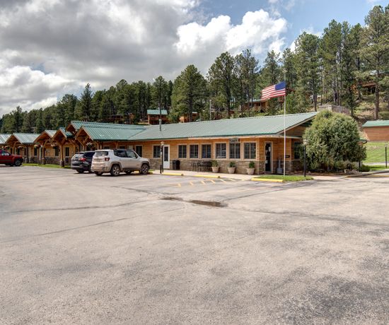 A rustic, single-story lodge with a green metal roof sits next to a parking lot with several parked cars. An American flag flies above the building, surrounded by tall pine trees under a partly cloudy sky.