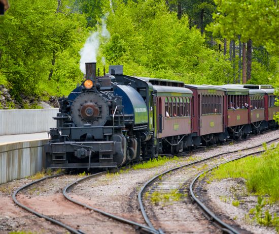 A vintage steam locomotive pulls maroon passenger cars along curved tracks through a lush, green forested area on a bright day. Steam rises from the engine as the train passes a platform.